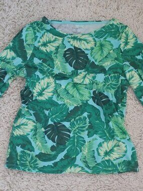 Talbots Women’s Tropical Leaf Print Top L Green Palm 3/4 Sleeve Cotton Stretch